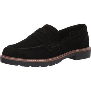 Anne Klein Womens Black Rubber Low Chunky Heel Rounded Toe Emmylou Loafer Flat